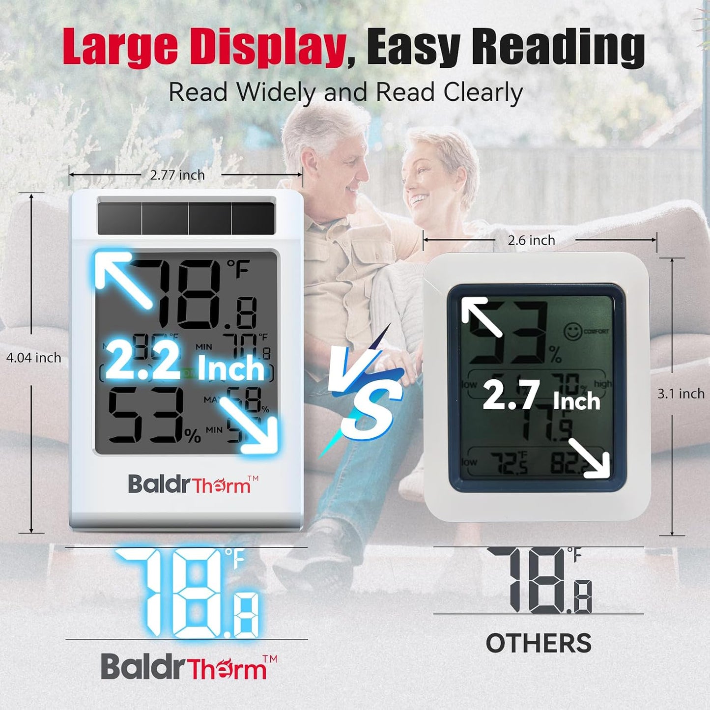 BaldrTherm Room Thermometer Indoor Humidity Meter Solar Powered with Max/Min Memory & Comfort Indicator - 3.2" Large Display for Home, White