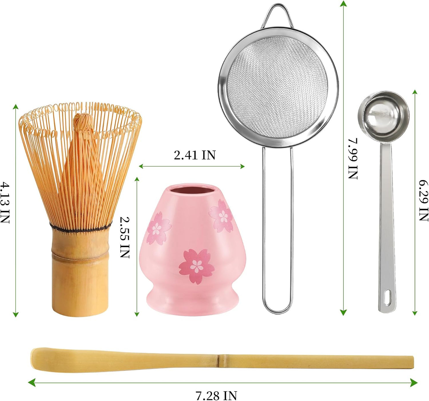 Matcha Whisk Set with Ceramic Bowl - Complete Matcha Making Kit, Bamboo Whisk (Chasen), Whisk Holder, Matcha Powder Sifter, Scoop, Japanese Tea Ceremony Tools（Green）