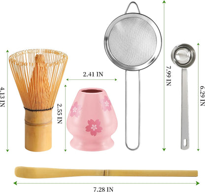 Matcha Whisk Set with Ceramic Bowl - Complete Matcha Making Kit, Bamboo Whisk (Chasen), Whisk Holder, Matcha Powder Sifter, Scoop, Japanese Tea Ceremony Tools（Green）