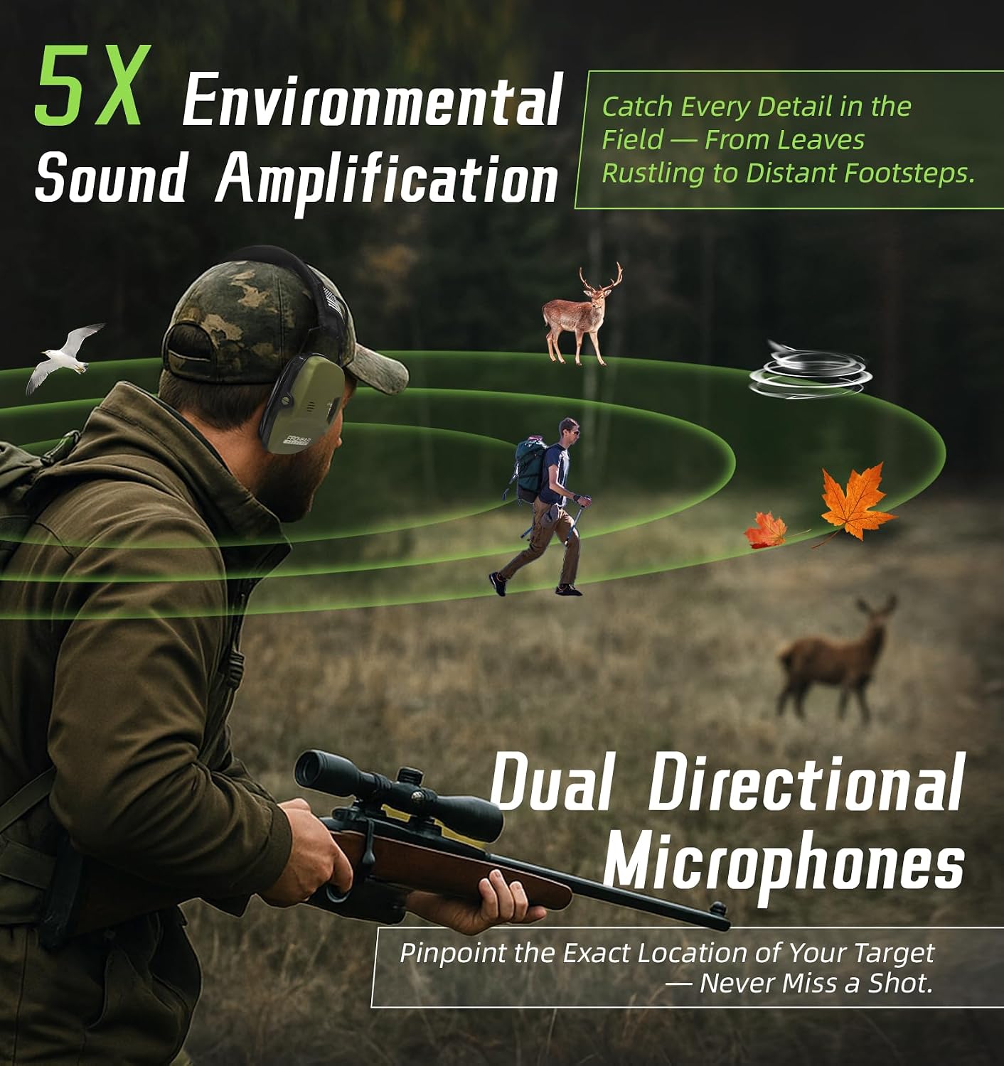 PROHEAR Electronic Ear Protection for Shooting with 4X Sound Amplification, Gun Range Hearing Protection Muffs, NRR 23dB Noise Reduction Headphones for Hunting, Green