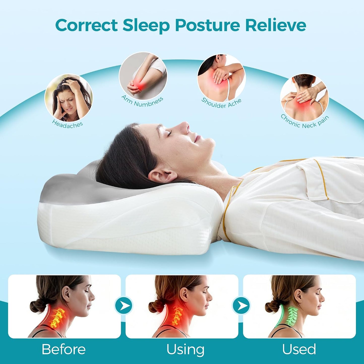 BDEUS Sleep Apnea Pillow, Cervical Neck Pillow for Pain Relief, Ergonomic Side Sleeper Pillow for Adults, Orthopedic Contour Memory Foam Pillow for Neck Support, Anti Snore, Cooling, White