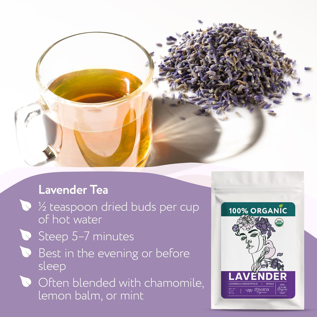 Dried Culinary Lavender Buds - Food Grade Lavender for Drinks, Baking - 3oz