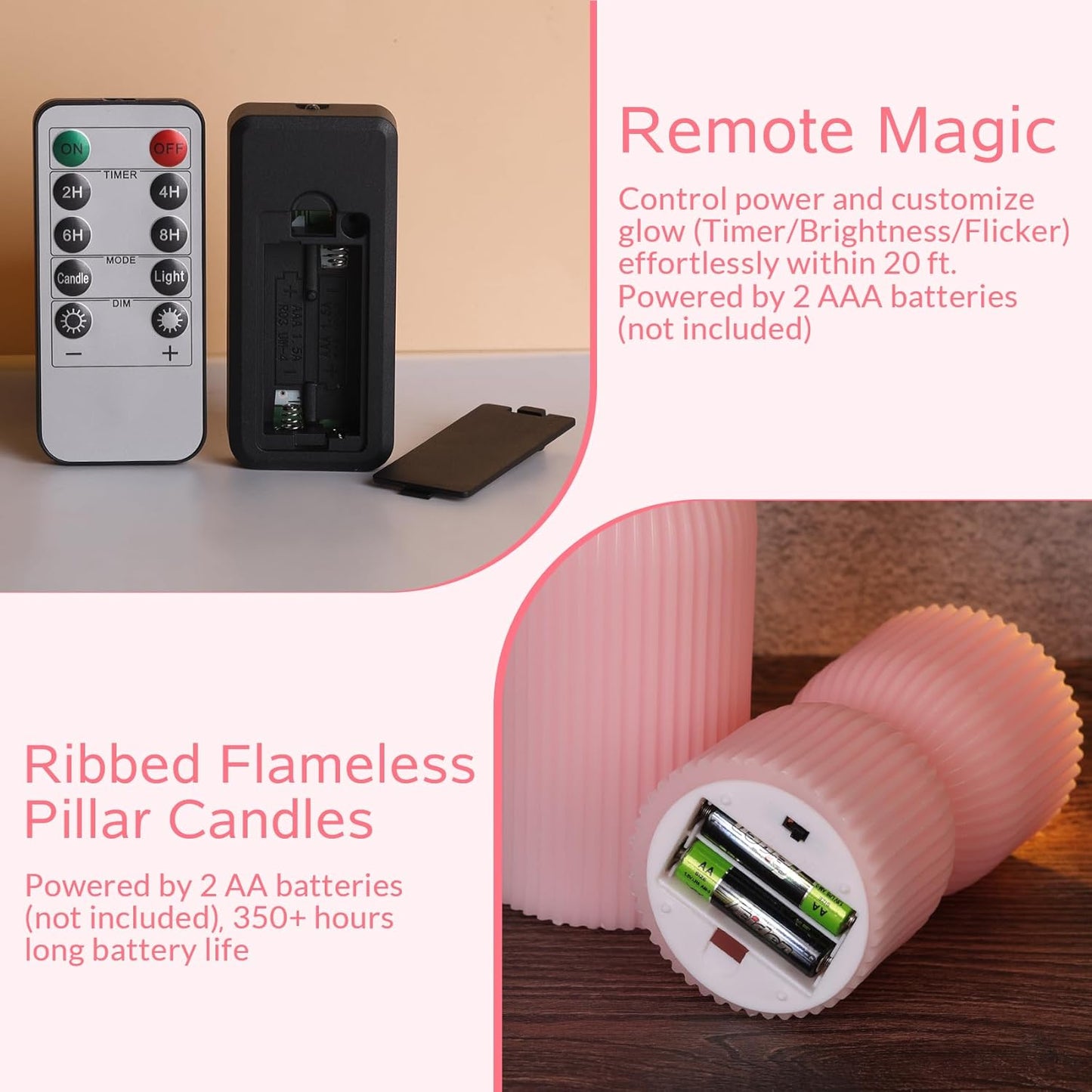 White Ribbed Flameless Pillar Candles with Remote, Real Wax Flickering Battery LED Candles Set of 2
