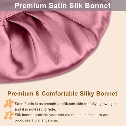 2Pcs Silk Hair Satin Bonnet for Sleeping Women,Large Satin Sleep Bonnets for Women with Elastic Tie Band Silk Hair Wrap with Ajustable Straps,Night Sleep Cap for Curly Braids,Black+Rose Gold