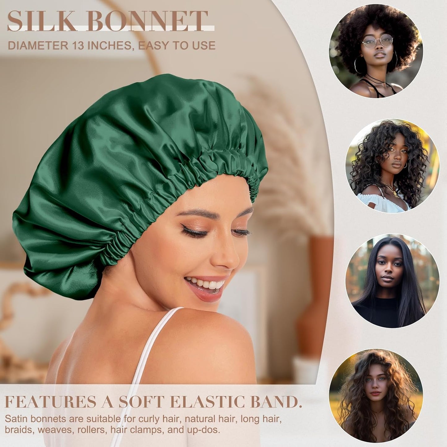 Satin Bonnet Silk Bonnet Hair Bonnet for Sleeping-Slouchy Beanie Hat Satin Sleep Cap for Women's Natural & Curly Hair(Blue Zircon)