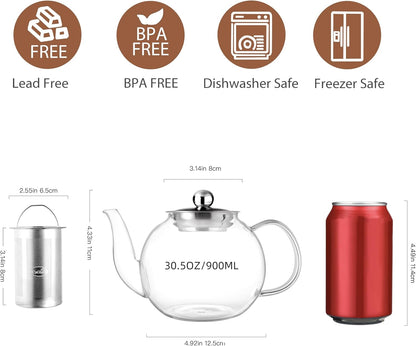 CNGLASS 900ml Glass Teapot with Removable Infuser,Clear Tea Kettle Stovetop Safe,Blooming and Loose Leaf Tea Maker