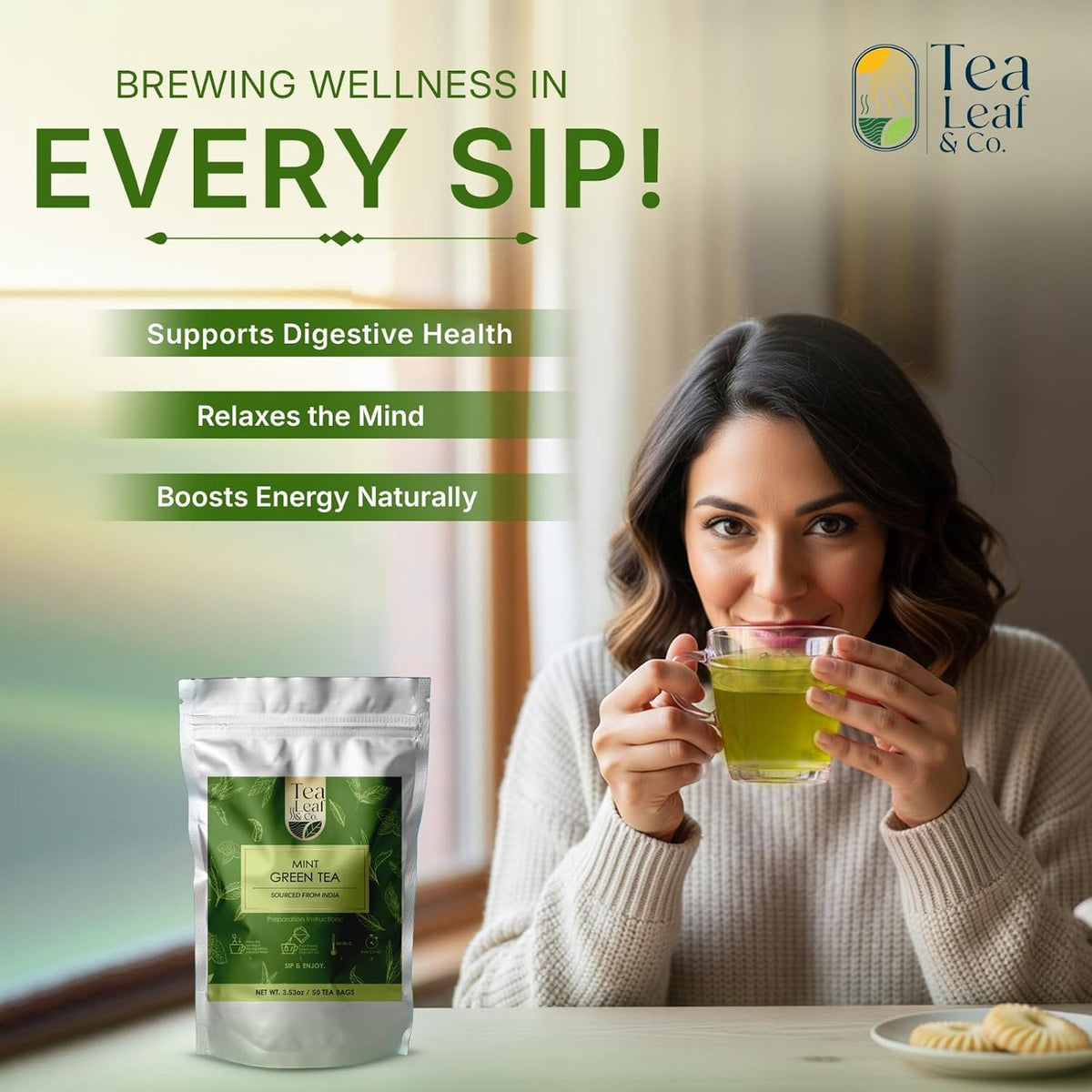 Mint Green Tea (3.5oz / 100gm), Natural Herbal Infusion, 50 Tea Bags