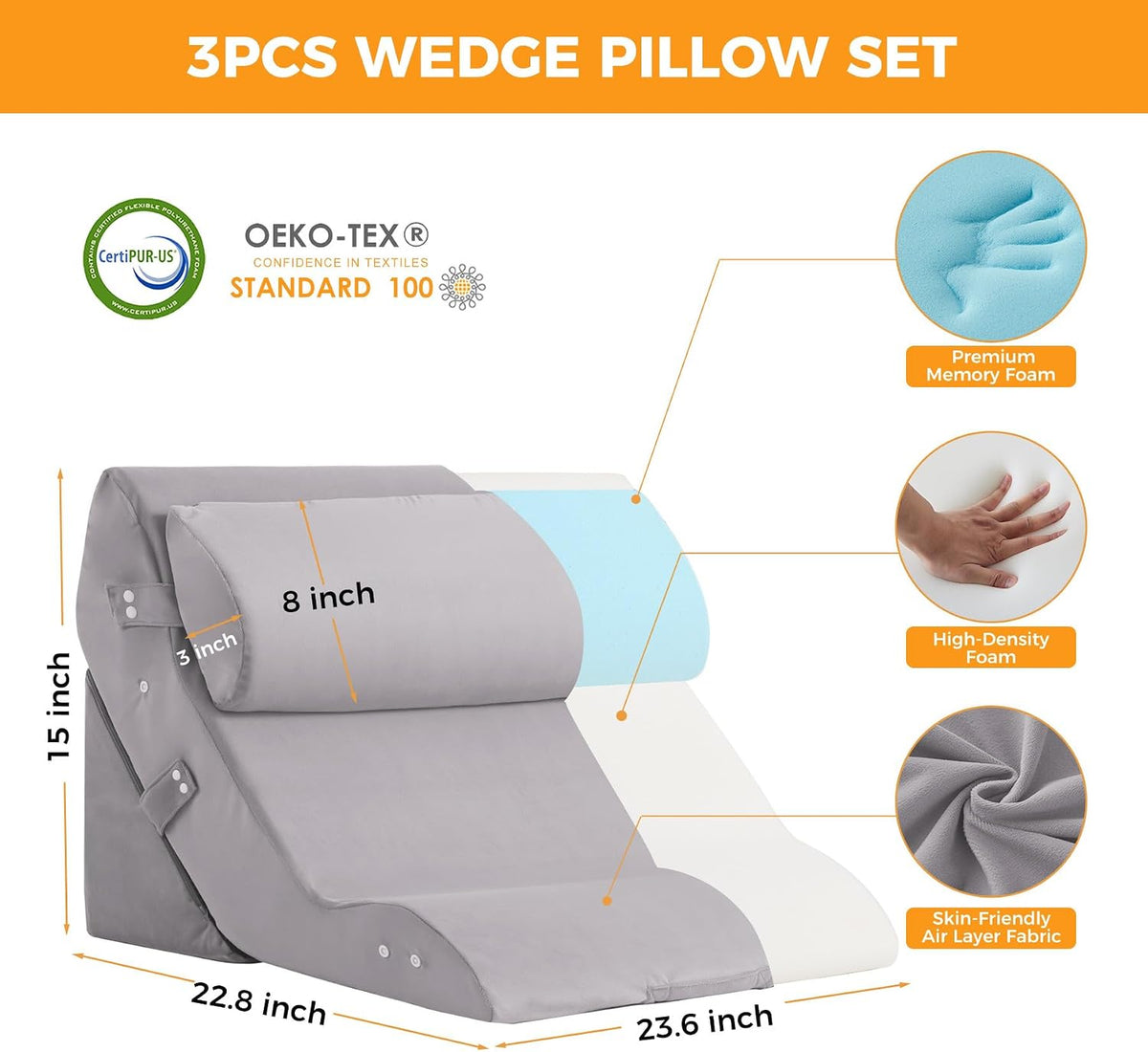 Ruqmuis Wedge Pillow Set for After Surgery, Bed Wedge Pillow, White