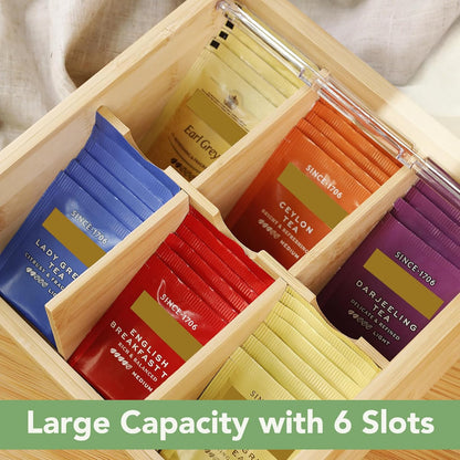 HTB Acacia Wood Tea Bag Organizer Storage Box with 6 Compartments