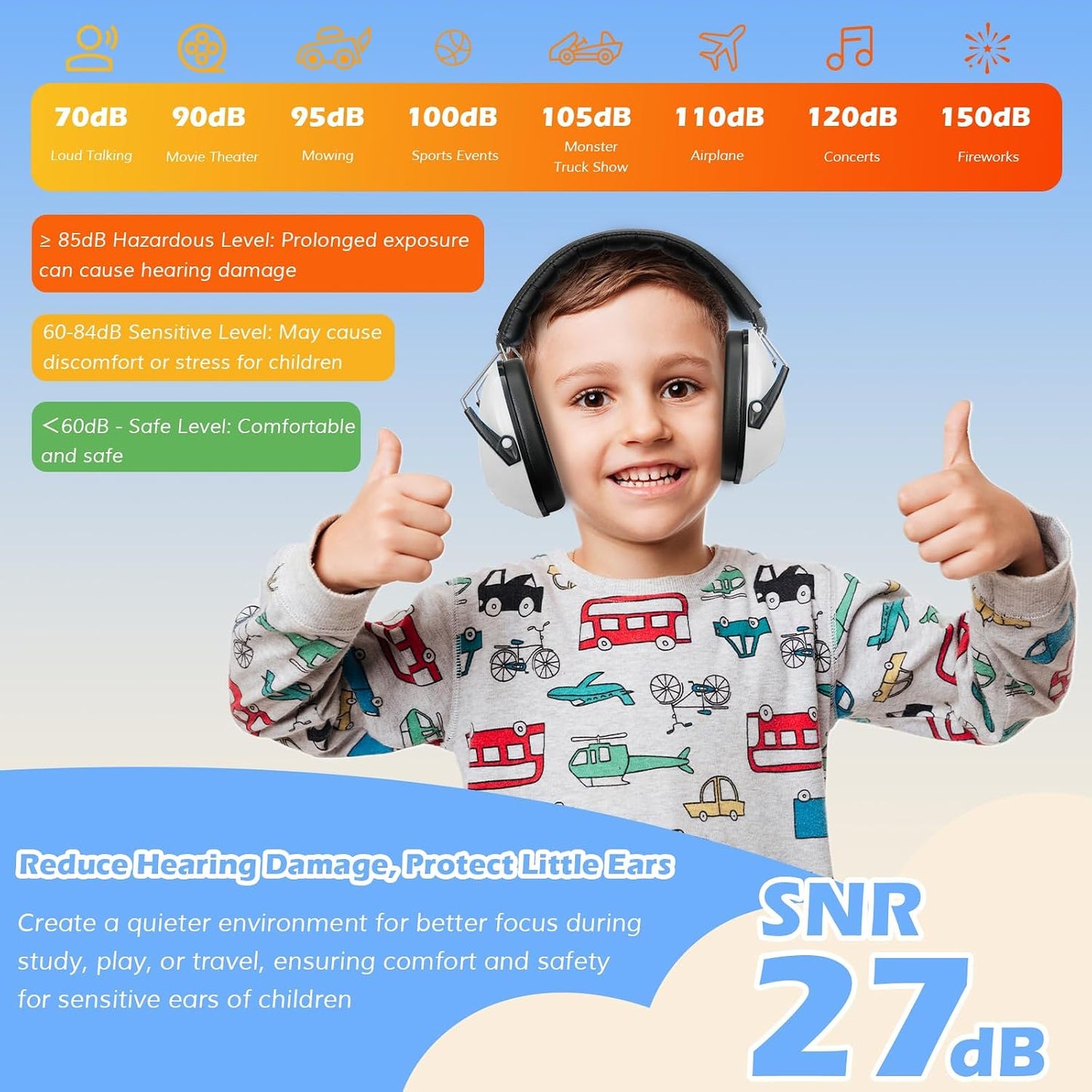 ProCase Noise Cancelling Headphones for Kids Toddler, SNR 27dB Noise Reduction Ear Muffs, Hearing Protection for Monster Jam, Concerts, Fireworks, Shooting, Air Show, Autism Sensory Needs -Blue