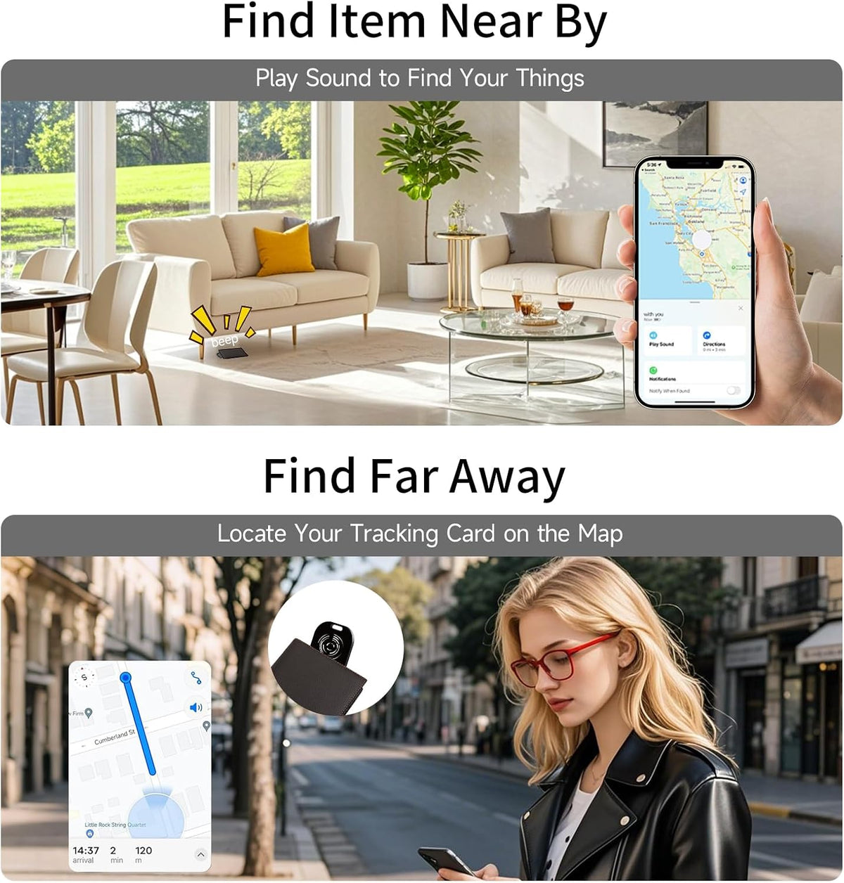 Mini Wallet Tracker Card, Key and Item Locator IP65 Waterproof Find Nearby Far Away iOS Only Work with Apple FInd My App Rechargeable Phone Finder for Keys, Bags More