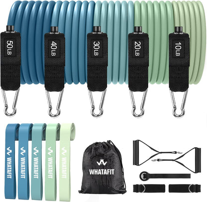 WHATAFIT Resistance Bands, Exercise Bands, Workout Bands with Handles, Door Anchor and Ankle Straps, 5 Resistance Levels Fitness Bands for Strength Training, Physical Therapy, and Home Gym Equipment