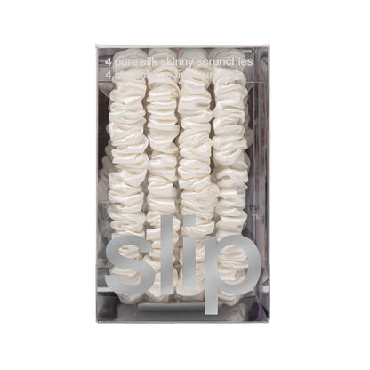 Slip Silk Hair Ties — Skinny Silk Black Scrunchies, No Damage, No Crease, Anti-Breakage |100% Mulberry Silk | All Hair Types | Made with Proprietary Slipsilk™ | Set of 4