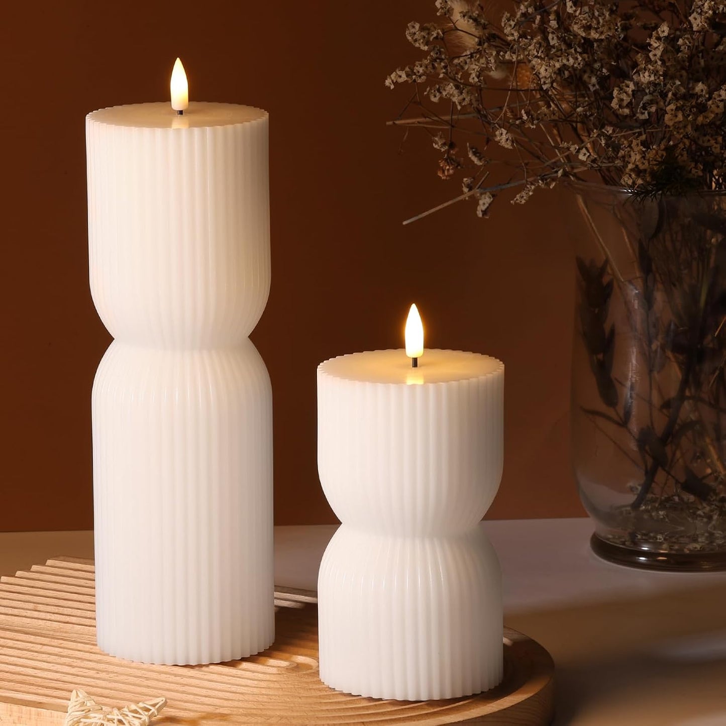 White Ribbed Flameless Pillar Candles with Remote, Real Wax Flickering Battery LED Candles Set of 2