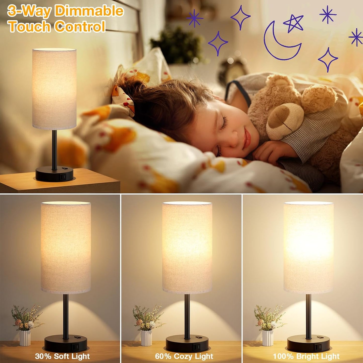 Dicoool Touch Bedside Table Lamp with USB - 3 Way Dimmable Wood Lamp for Bedroom Nightstand, Desk Lamp with Charging Station for Dorm, Living Room, Office, Kids Room, Small, 14in