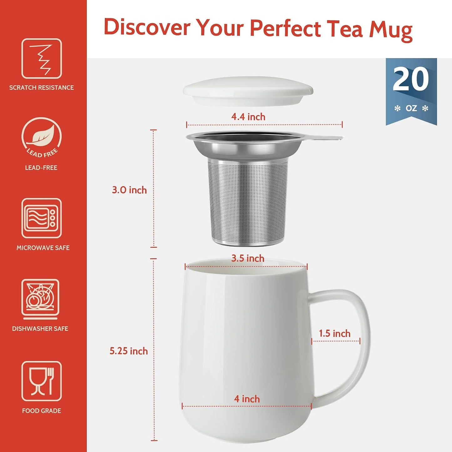 Sweese 20 OZ Porcelain Tea Mug with Infuser and Lid, Loose Leaf Tea Cup, Gifts for Tea Lover - Mint Green