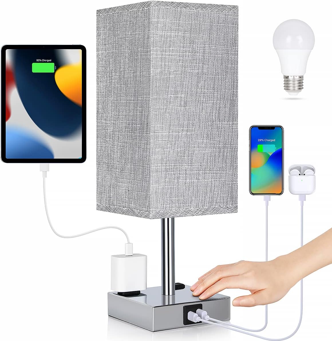 Bedside Table Lamp for Bedroom - Touch Small Lamp with USB C+A Charging Ports & AC Outlets, 3 Way Dimmable Nightstand Light for Living Room (LED Bulb Included, Grey)
