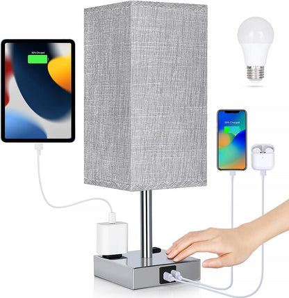 Bedside Table Lamp for Bedroom - Touch Small Lamp with USB C+A Charging Ports & AC Outlets, 3 Way Dimmable Nightstand Light for Living Room (LED Bulb Included, Grey)