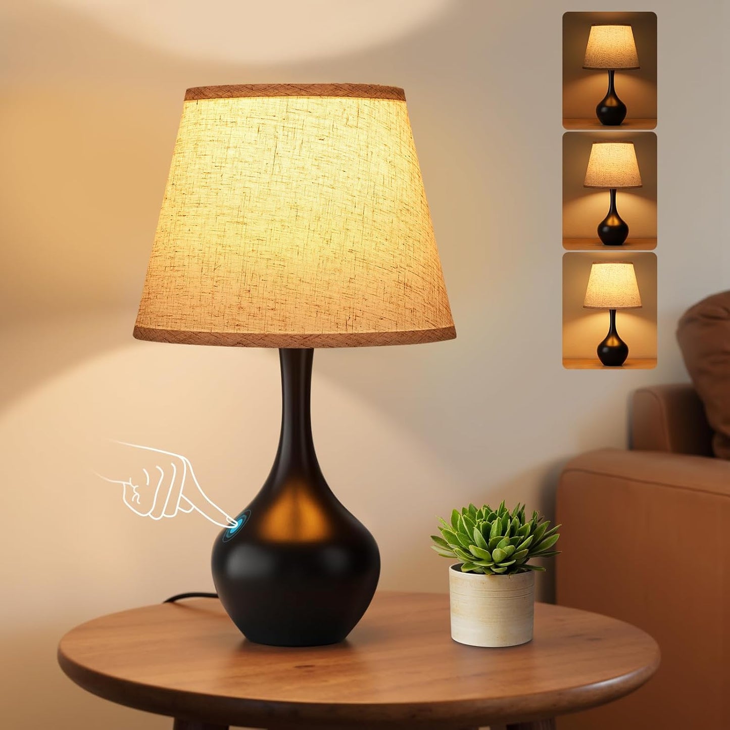 Seealle 16.1" Touch Table Lamps for Nightstand, 3-Way Dimmable Small Bedroom Lamps for Night Stands, Black Bedside Lamps for Living Room, Kids Room, End Table