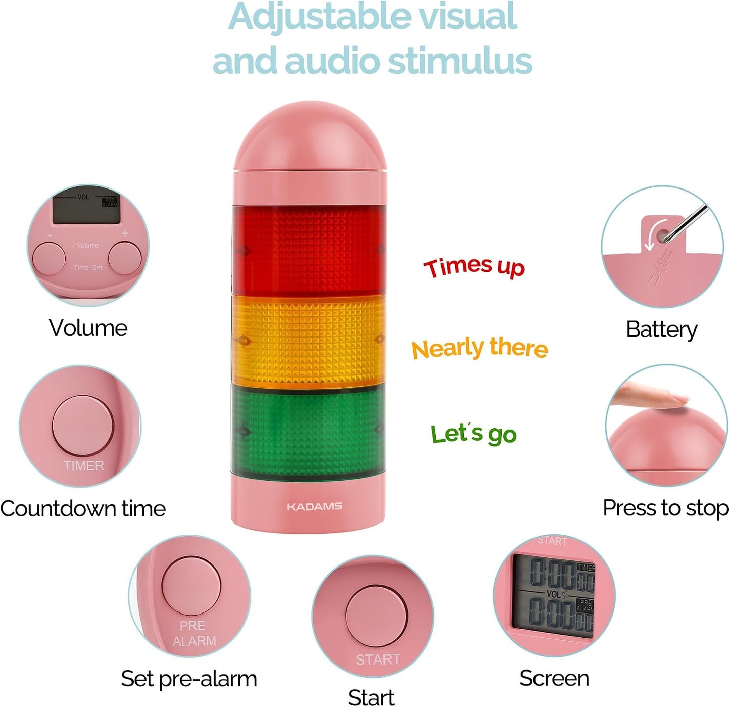 KADAMS Visual Timer for Kids with Audio Pre-Alarm - Traffic Light Alarm for Kids Toddler Teachers Classroom Home Time Management Tool 24hr Countdown Pause Memory Function