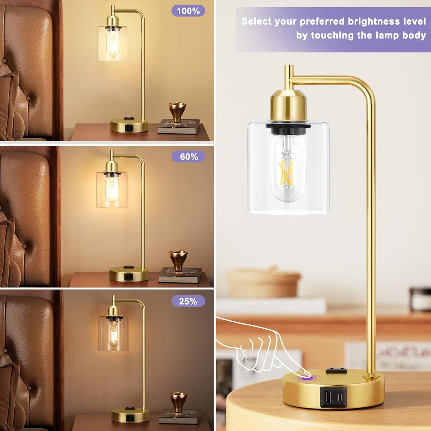 Industrial Touch Lamps for Nightstand Set of 2, 3-Way Dimmable Bedside Lamp
