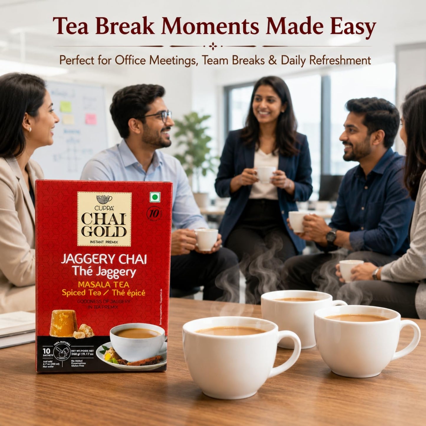 Chai Gold Instant Jaggery Chai Tea Premix Powder, Traditional Indian Milk Tea Latte Mix, Naturally Sweetened with Jaggery, Quick Preparation Hot Beverage, Low Caffeine, 10 count pack