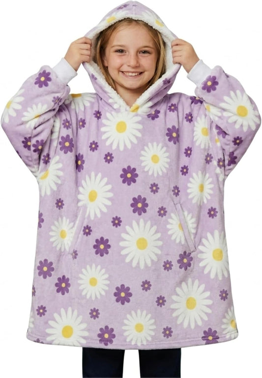 Huglanket Daisy Flower Gifts, Wearable Oversized Flannel Hooded Blankets