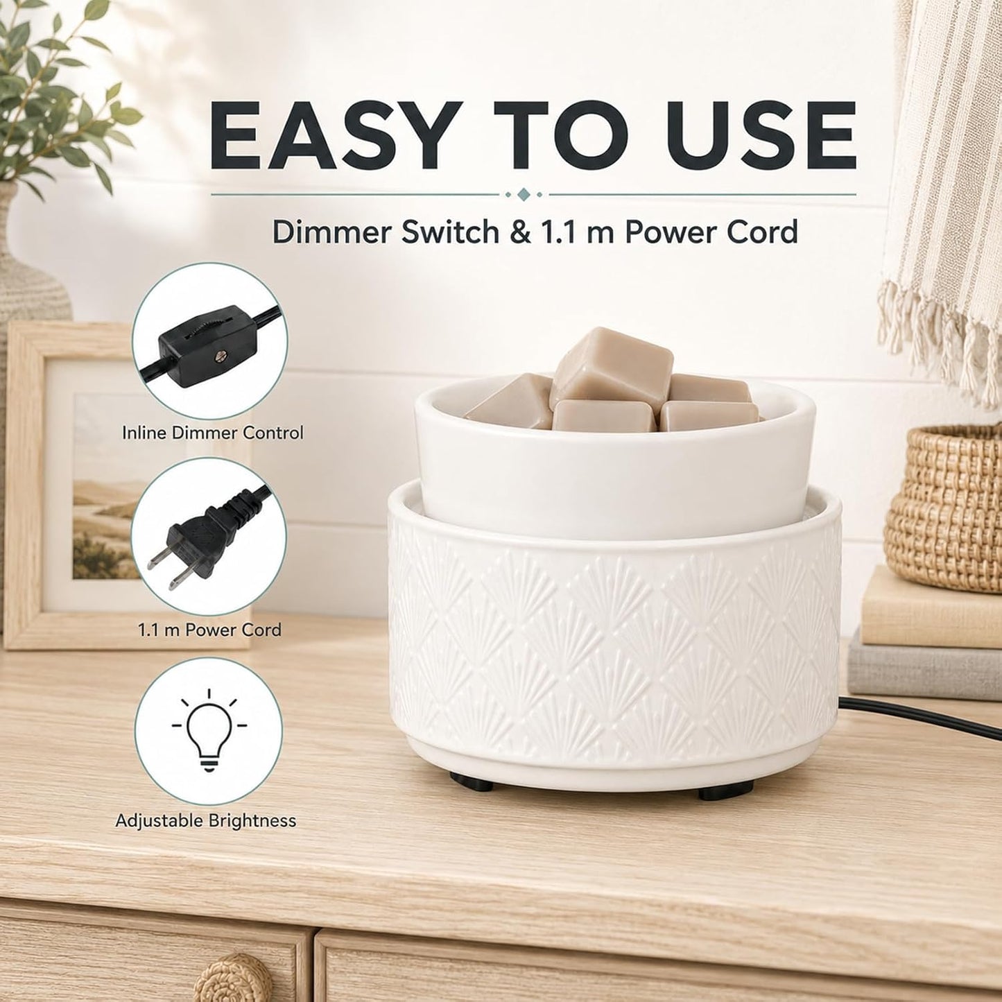 mocosa Ceramic Wax Warmer Wax Melt Warmer for Scented Wax 3-1 Electric Candle Warmer Home Fragrance Wax Burner for Mom Women(White-Fan Shaped)