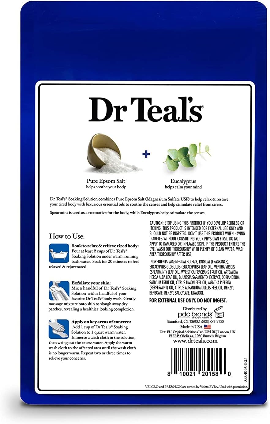 Dr Teal's Epsom Salt Magnesium Soak, Relax & Relief with Eucalyptus & Spearmint Essential Oils, 3 lbs