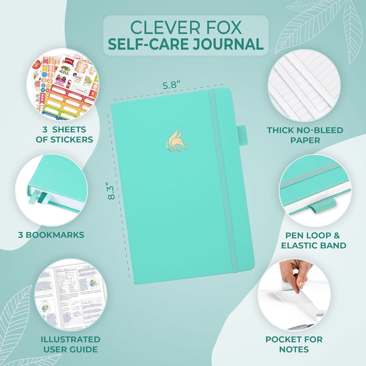 Clever Fox Self-Care Journal for Women, Daily Planner 5.8x8.3 Aquamarine