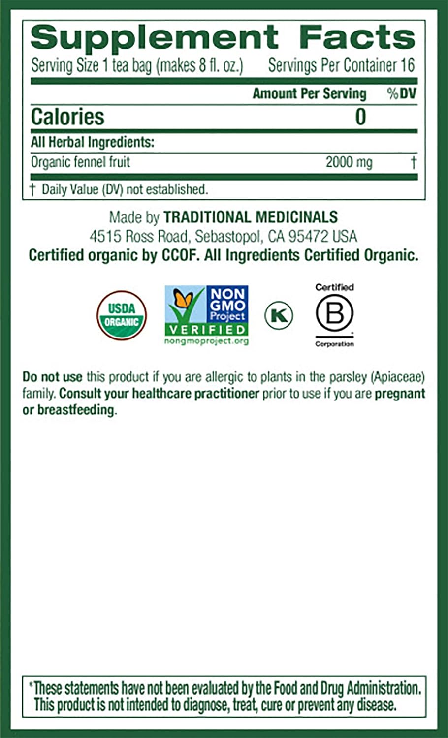 Traditional Medicinals Organic Fennel Herbal Tea, Promotes Digestive Health, (Pack of 2) 32 Tea Bags Total