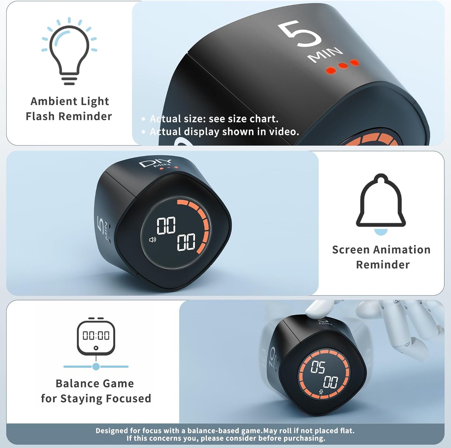 VEWINGL Cube Productivity Timer, 25/5/10/45 Min Presets, Desk Flip Timer for Pomodoro Study Sessions, Vibration & Custom Modes for ADHD, Work, Study & Kitchen (Black)