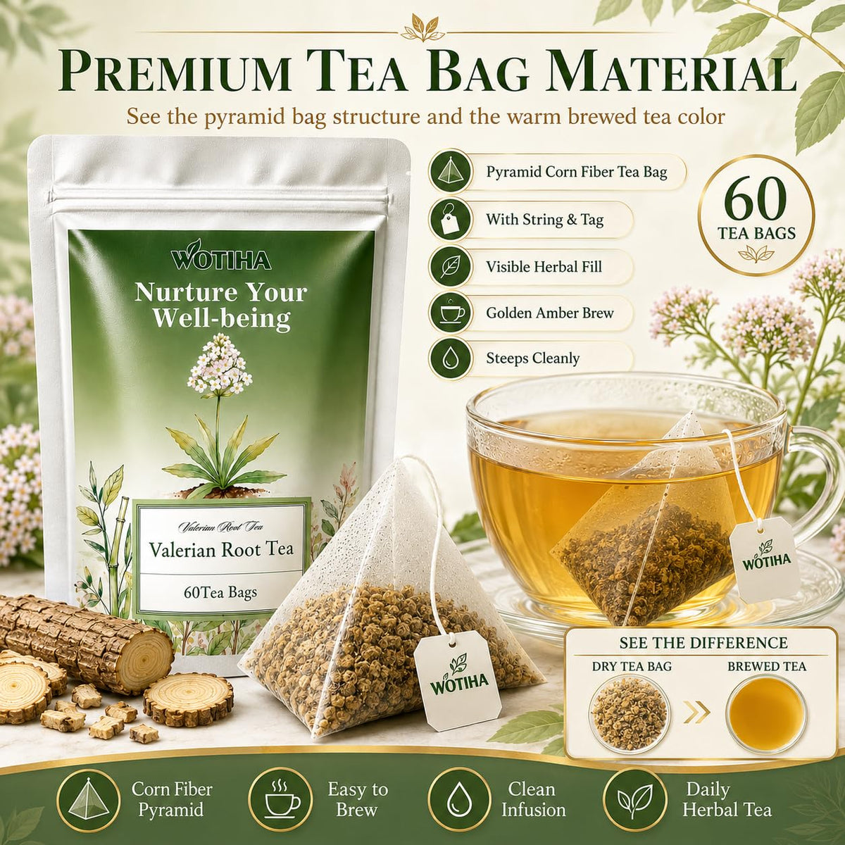WOTIHA 60 Count Valerian Root Tea Bags - Pure Valeriana Herb for Bedtime Calm - Plant-Based Corn Fiber Pyramid Bags with String - Natural Earthy Flavor, Caffeine Free Herbal Tea