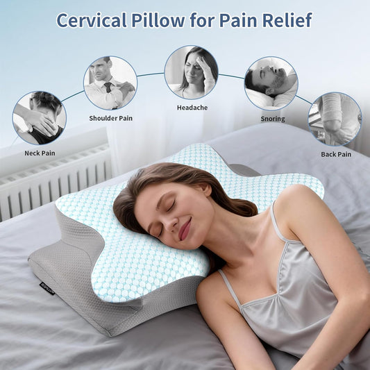Cervical Neck Pillow for Pain Relief - Ergonomic Side Sleeper Pillow for Neck Support, Cooling Memory Foam Pillows, Contour Pillow Orthopedic Bed Pillow for Back Stomach Sleepers (Dark Grey)