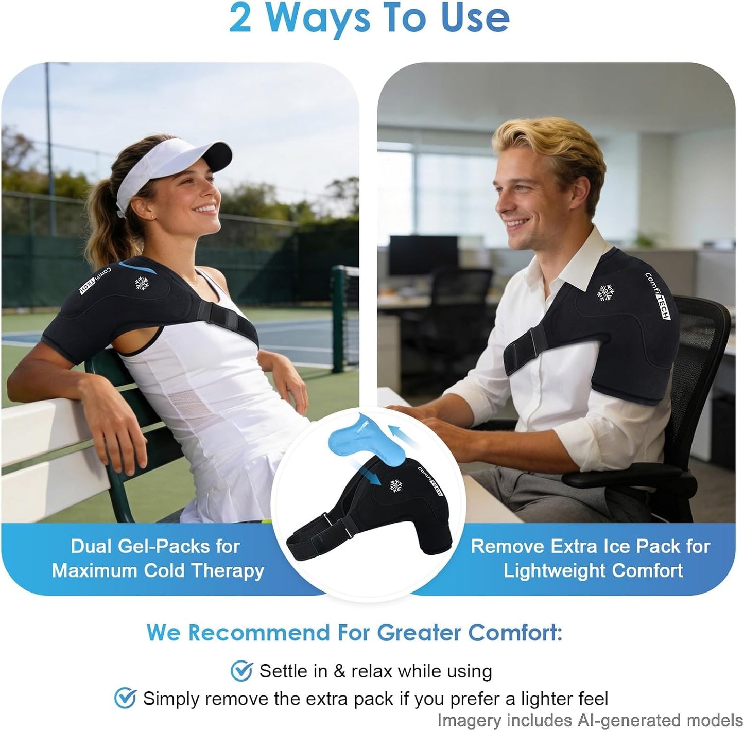 ComfiTECH Dual-Gel Shoulder Ice Pack Wrap with 30-Min Cooling for Muscle Comfort, Adjustable Rotator Cuff Shoulder Brace for Surgery Recovery, Flexible Cold Compression Sleeve for Baseball & Tennis, L