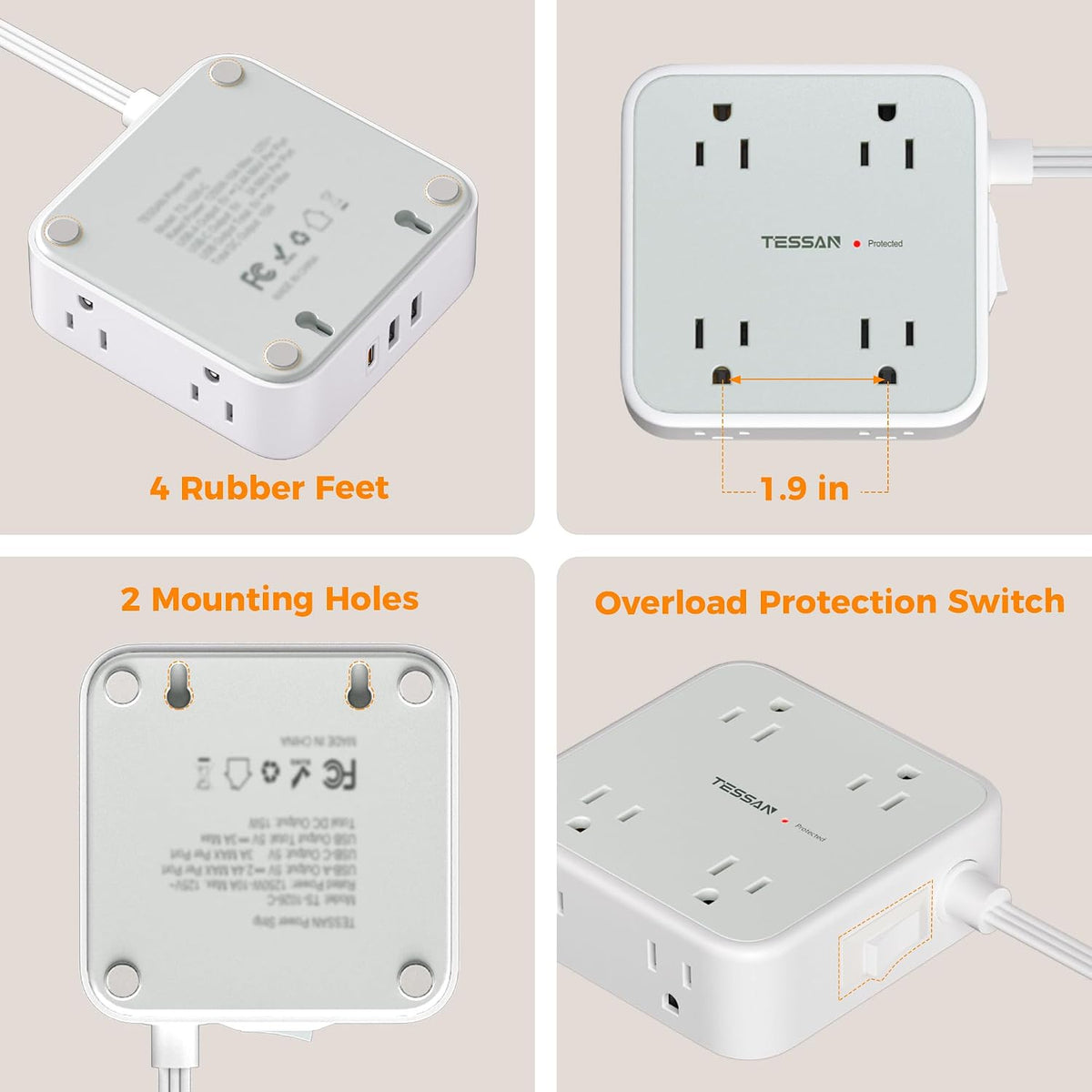 TESSAN Surge Protector Power Strip with 900J Surge Protection, 5 Ft, Grey