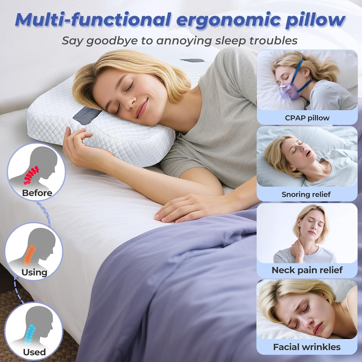 Anti-Snore Memory Foam Pillow for Side Sleepers, White