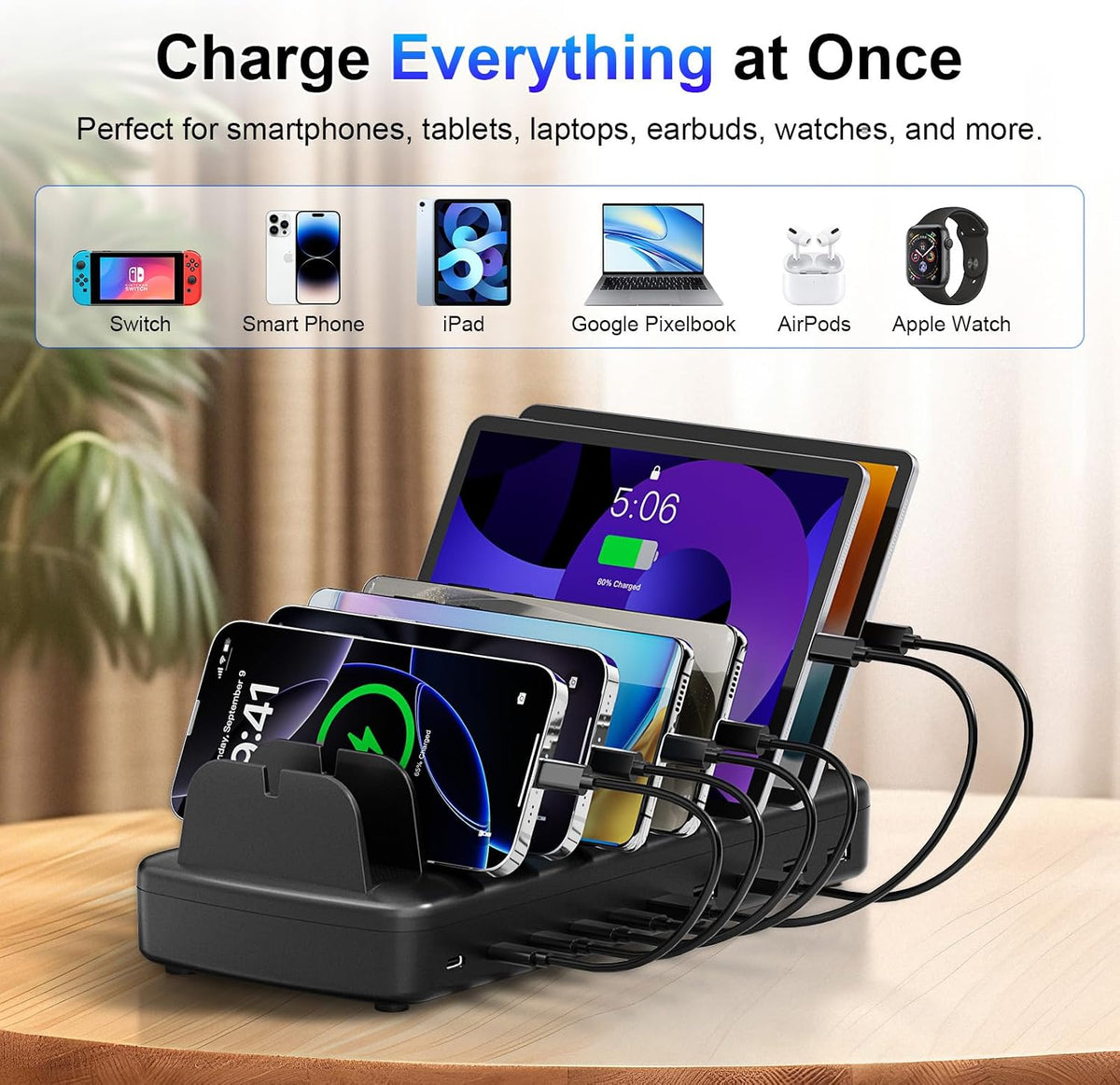 510W Charging Station for Multiple Devices, 10 Ports Charger Organizer