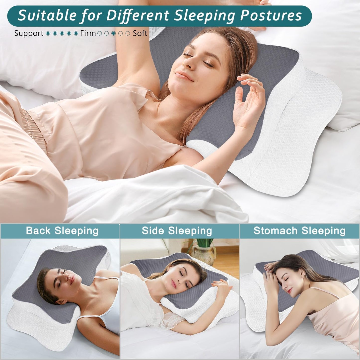 CHxxy Cervical Neck Pillow for Pain Relief Sleeping, Memory Foam Pillows, Ergonomic Side Sleeper Pillows, Cooling Orthopedic Neck Support Pillow for Back Stomach Sleepers-Queen Size Grey&Grey