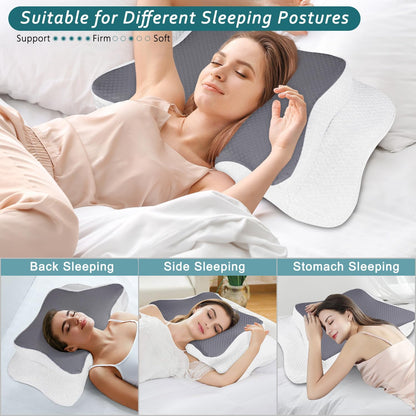 CHxxy Cervical Neck Pillow for Pain Relief Sleeping, Memory Foam Pillows, Ergonomic Side Sleeper Pillows, Cooling Orthopedic Neck Support Pillow for Back Stomach Sleepers-Queen Size Grey&Grey