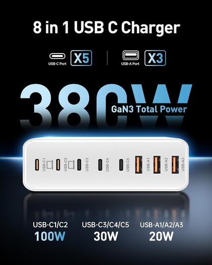 380W USB C Charger Block with 4 USB Cables Dual 100W Charging Station