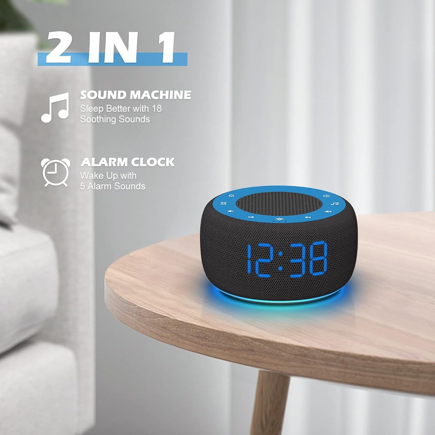 Buffbee Alarm Clock with Sound Machine for Bedrooms – 2-in-1 White Noise Machine for Sleep, Gentle Wake-Up with Soft Alarm Sounds, Ambient Night Light, Plug-in, Sleep Better, Wake Gently