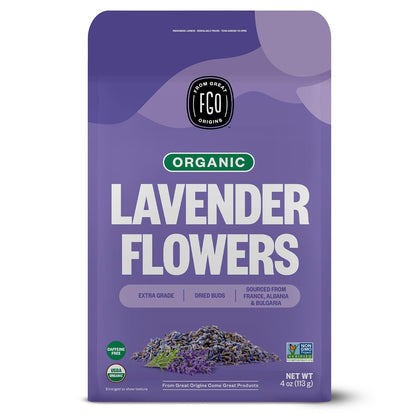 FGO Organic Dried Lavender Flowers, Extra Grade Dried Buds, Imported from France for Culinary or Sachet Bags, 4oz, Packaging May Vary (Pack of 1)