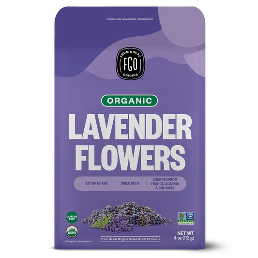 FGO Organic Dried Lavender Flowers, Extra Grade Dried Buds, Imported from France for Culinary or Sachet Bags, 4oz, Packaging May Vary (Pack of 1)