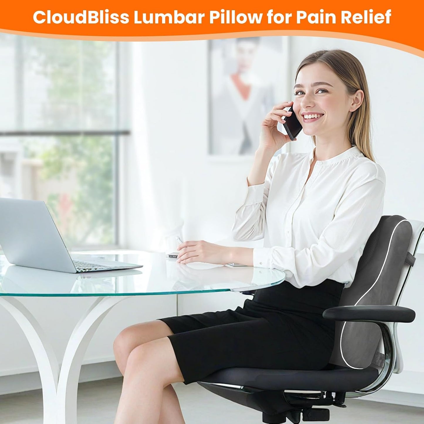 CloudBliss Ergonomic Lumbar Support Pillow – Memory Foam for Lower Back Pain Relief, Adjustable Straps & Mesh Cover for Office, Gaming, Car Seat & Home Essentials (Black)