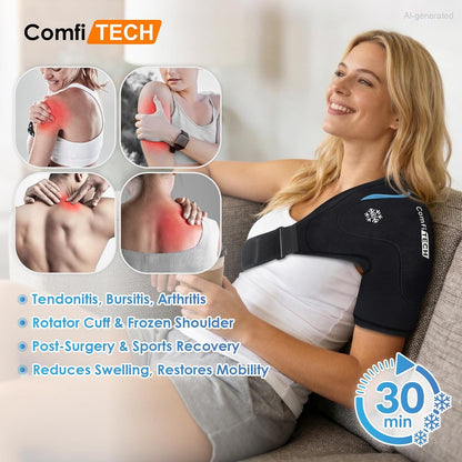 ComfiTECH Dual-Gel Shoulder Ice Pack Wrap with 30-Min Cooling for Muscle Comfort, Adjustable Rotator Cuff Shoulder Brace for Surgery Recovery, Flexible Cold Compression Sleeve for Baseball & Tennis, L