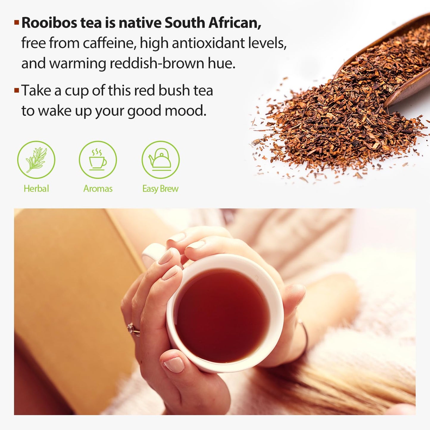 Soeos Organic Rooibos Tea, 100 Teabags, Naturally Caffeine Free, USDA and Non GMO Certify, Smooth and Robust Flavor, Excellent for Hot or Iced Brew, 9oz (250g)