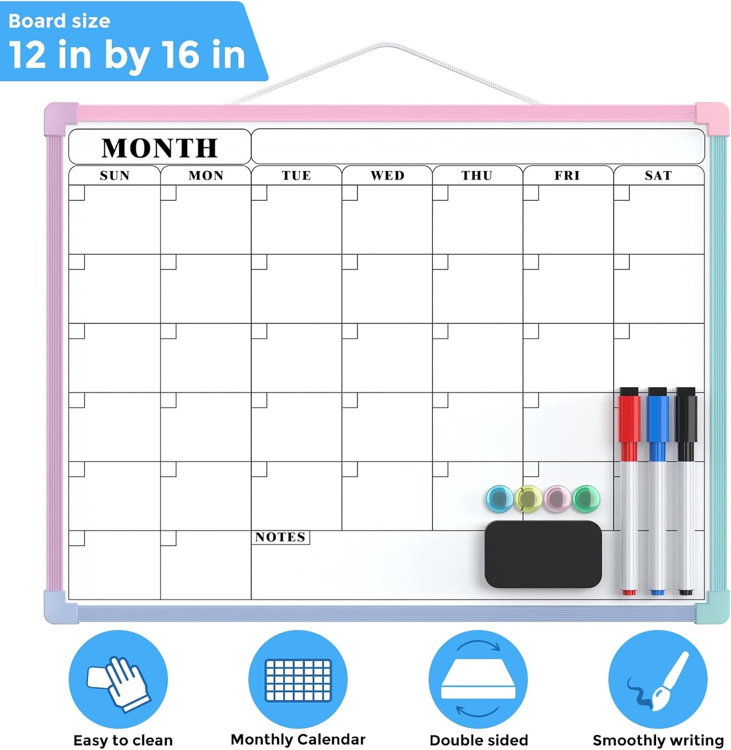 MaxGear Monthly Calendar Dry Erase Board for Wall, 16"x12", White Frame | Double-Sided, Hanging Small White Board, Portable Whiteboard for Planning, Drawing, Memo, to Do List, Home, Kitchen, Office