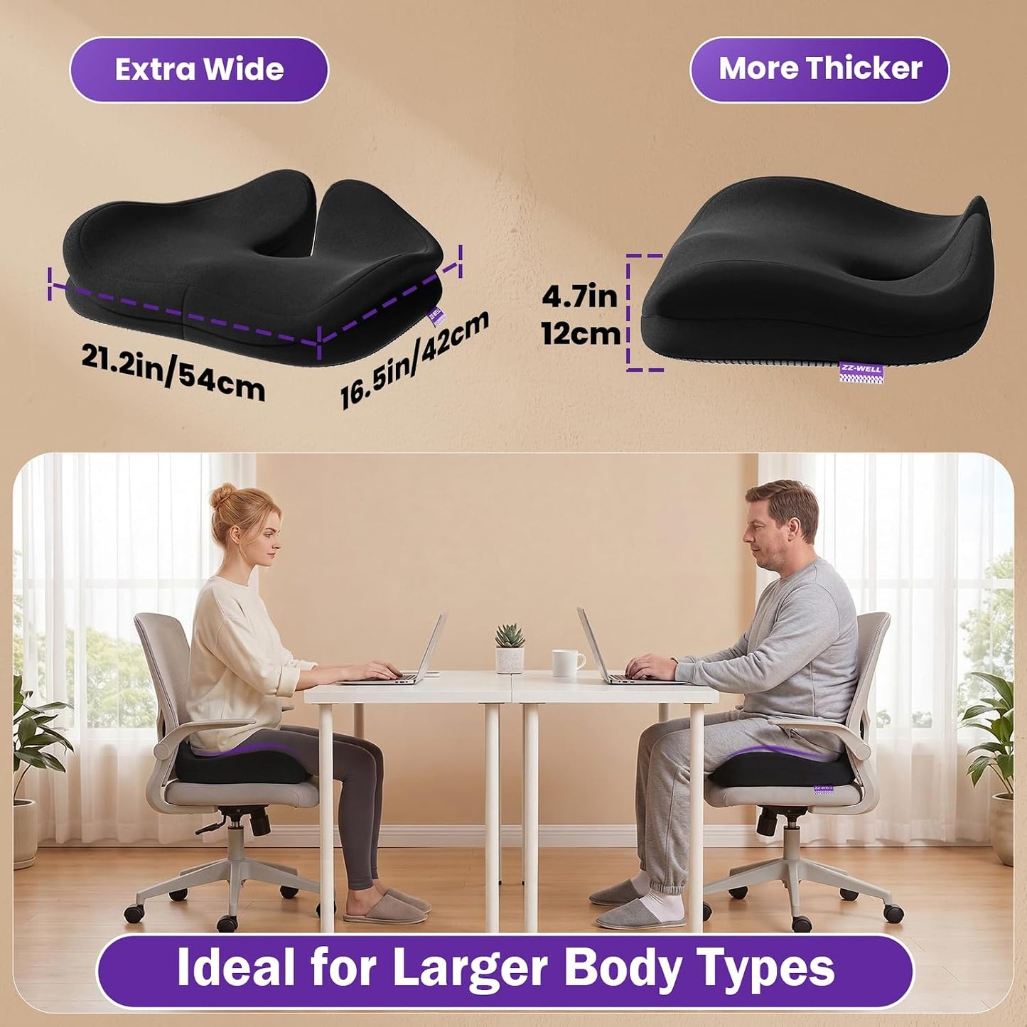 ZZ-WELL Seat Cushion for Office Chairs, Black, 21.2 Inches | Coccyx Cushion for Tailbone Pain, Memory Foam, Extra Large Thick, Patented Pressure Relief, Computer Gaming Chair