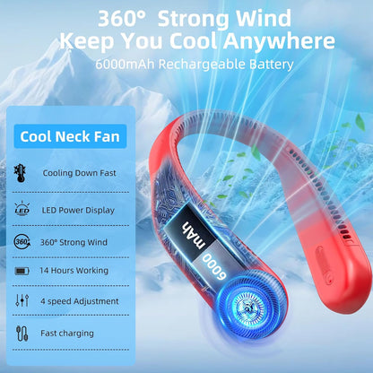 Portable Neck Fan, Personal Wearable Bladeless Fan, 6000mAh USB Rechargeable, 360° Airflow, LED Display, 4-Speeds, Hands Free Fan for Outdoor Indoor, Birthday Gifts for Men Women Dad Mom (Black)